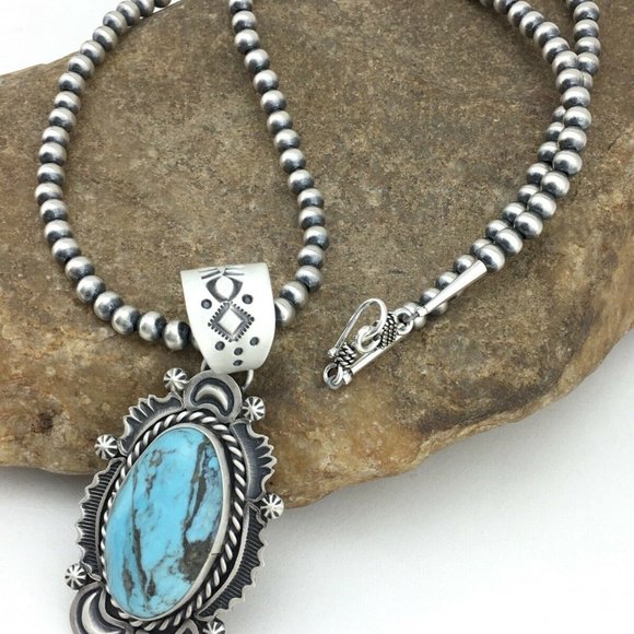 Navajo Sterling Silver Blue Necklace Pendant Ln 20 - Picture 3 of 12